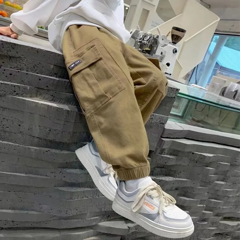 

Осенние детские однотонные брюки-карго для мальчиков, тонкие спортивные брюки до щиколотки для детей 3 + лет, весенние спортивные брюки с эластичным поясом