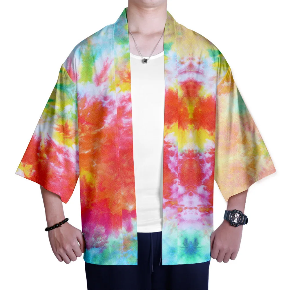Tie Dye Summer Teenager Men Kimono Robe Half Sleeve Rayon Home Bathrobe Casual Loose Large Size 3XL Thin Cardigan Shirts
