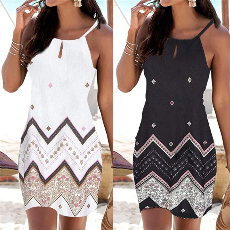 

2022 Summer Fashion New Women's Print Wide Brimmed Suspender Short Skirt Sexy Women's Sleeveless Dress
