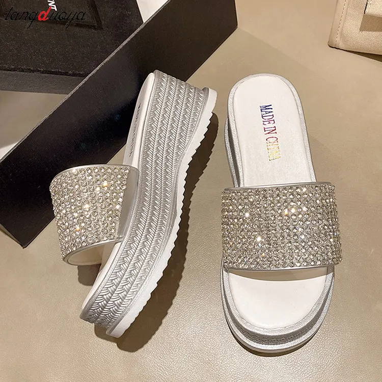 

rhinestone slippers Sequined High-heeled One-word Slippers Women Summer Outer Wear Platform Beach Comfort Sandals slippers women