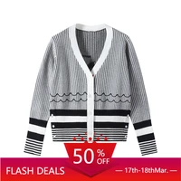 tb vertical striped jacquard knitted sweater cardigan womens spring and autumn new slim v neck long sleeved top trendy