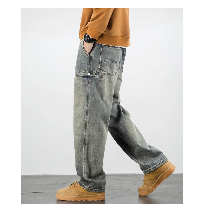 Streetwear Men 2022 New Casual Yellow Mud Dyed Jeans Straight for Men, Loose and Casual Vintage Sag Wide Leg Pants Autumn Female