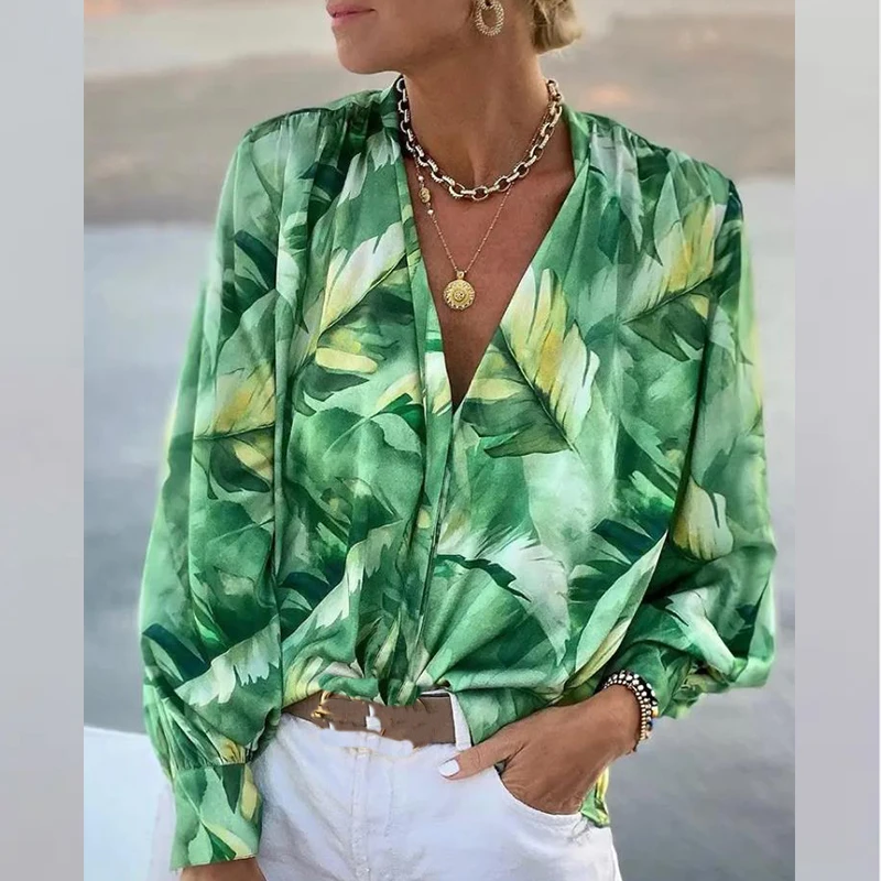 Женские Элегантные блузки модный зеленый топ с тропическим принтом и