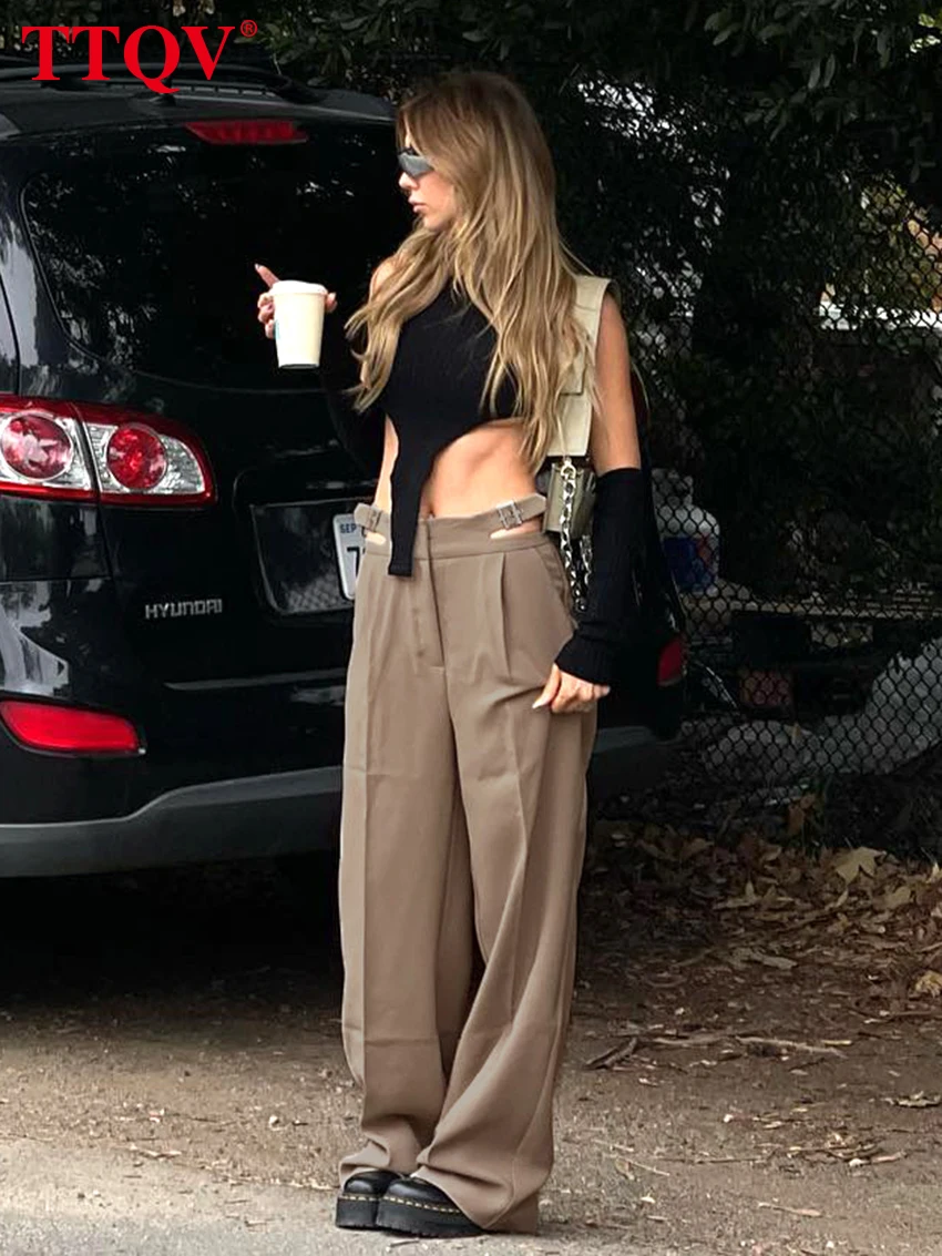 

Повседневные свободные брюки TTQV цвета хаки для женщин, элегантные ажурные Брюки с высокой талией, Осенние однотонные прямые брюки, женская ...