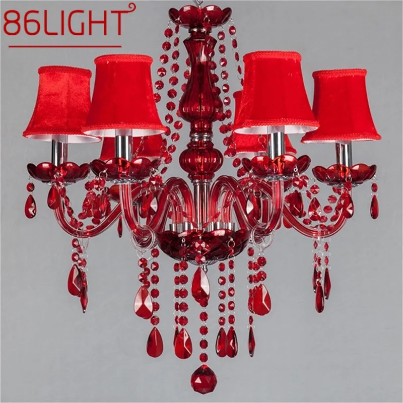 

86LIGHT European Style Chandelier Red Pendant Crystal Candle Luxury LED Light Fixtures Modern Indoor for Home Living Room