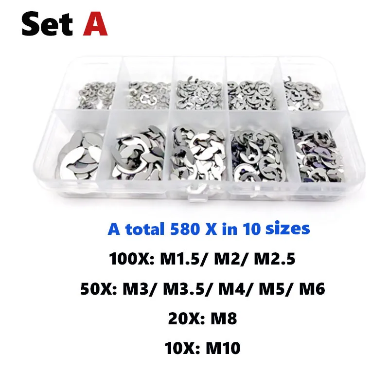 

580/1000X Assortment Kit Set Box 304 Stainless Steel External Retaining Ring E Clip Snap Circlip Washer for Shaft M1.2 to M15