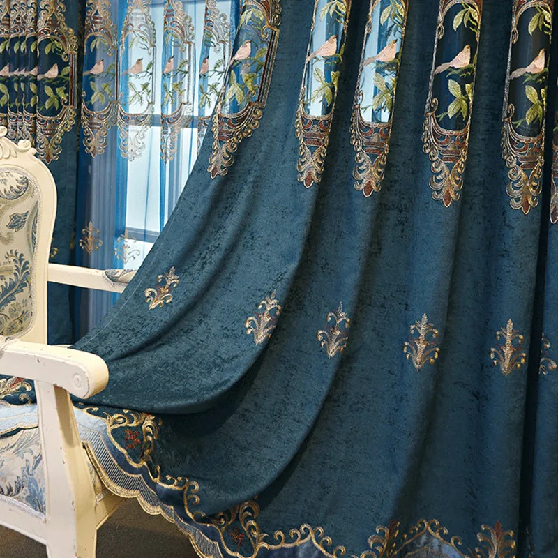 Роскошные вышитые занавески с птицами для гостиной комнаты - китайский классический шелковистый голубой коричневый оконный декор.