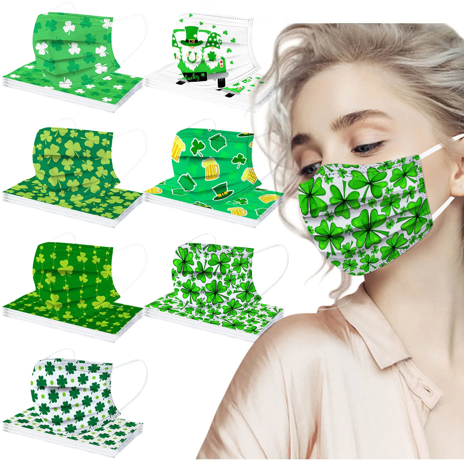 

10pc Disposable Adult Mask St. Patrick's Day Green Print Party Mondmasker 3ply Ear Loop Facemask Mascarillas Halloween Cosplay