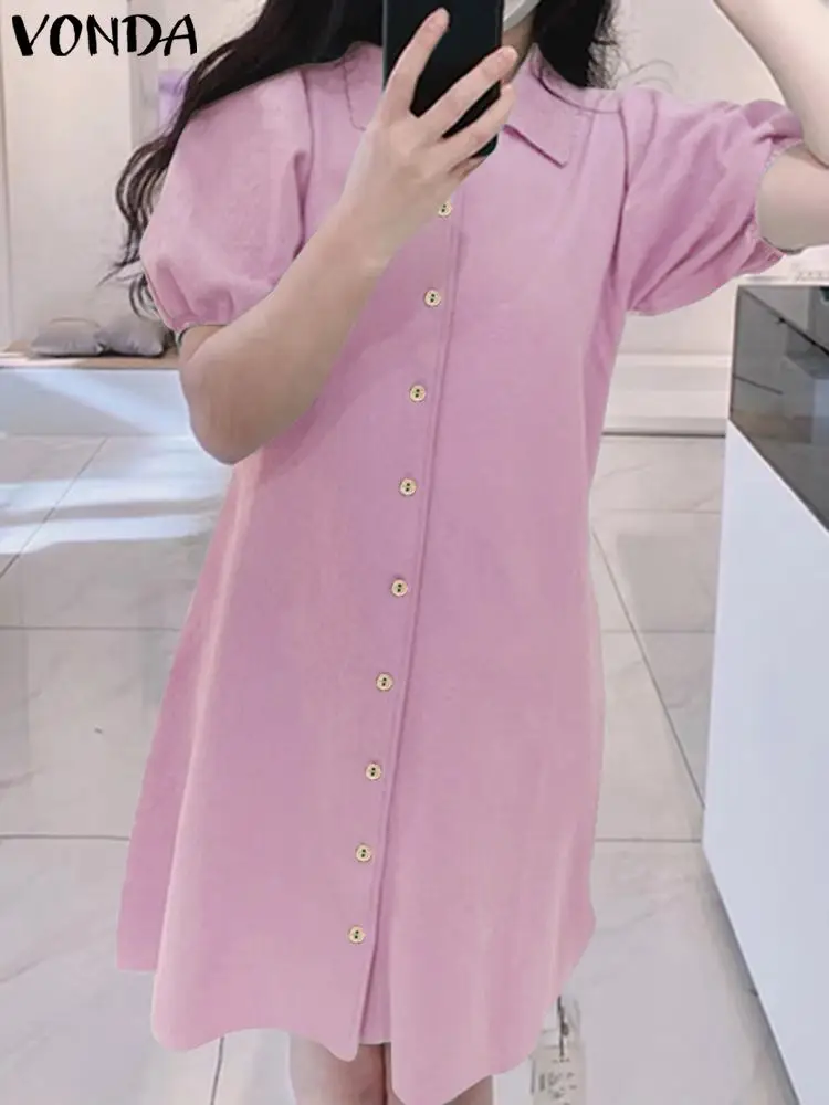 

VONDA Summer Sexy Mini Dress 2023 Women Lapel Neck Casual Fashion Short Sleeve Shirt Sundress Loose Solid Beach Vestidos Robe