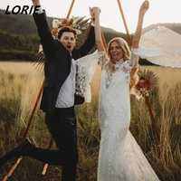lorie charming fairy lace backless wedding dresses long flare sleeves high neck bodycon bridal gowns women bohemia bride dress