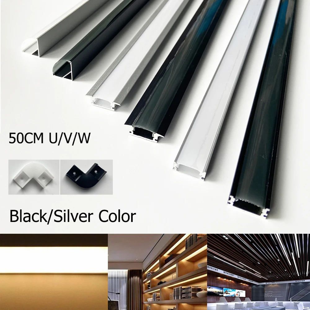 Silver Black 2-35Pcs/lot LED Aluminum profile 0.5m/pcs U/V/W shape for 5050 2835 3528 LED Strip Bar channel White/Black Cover