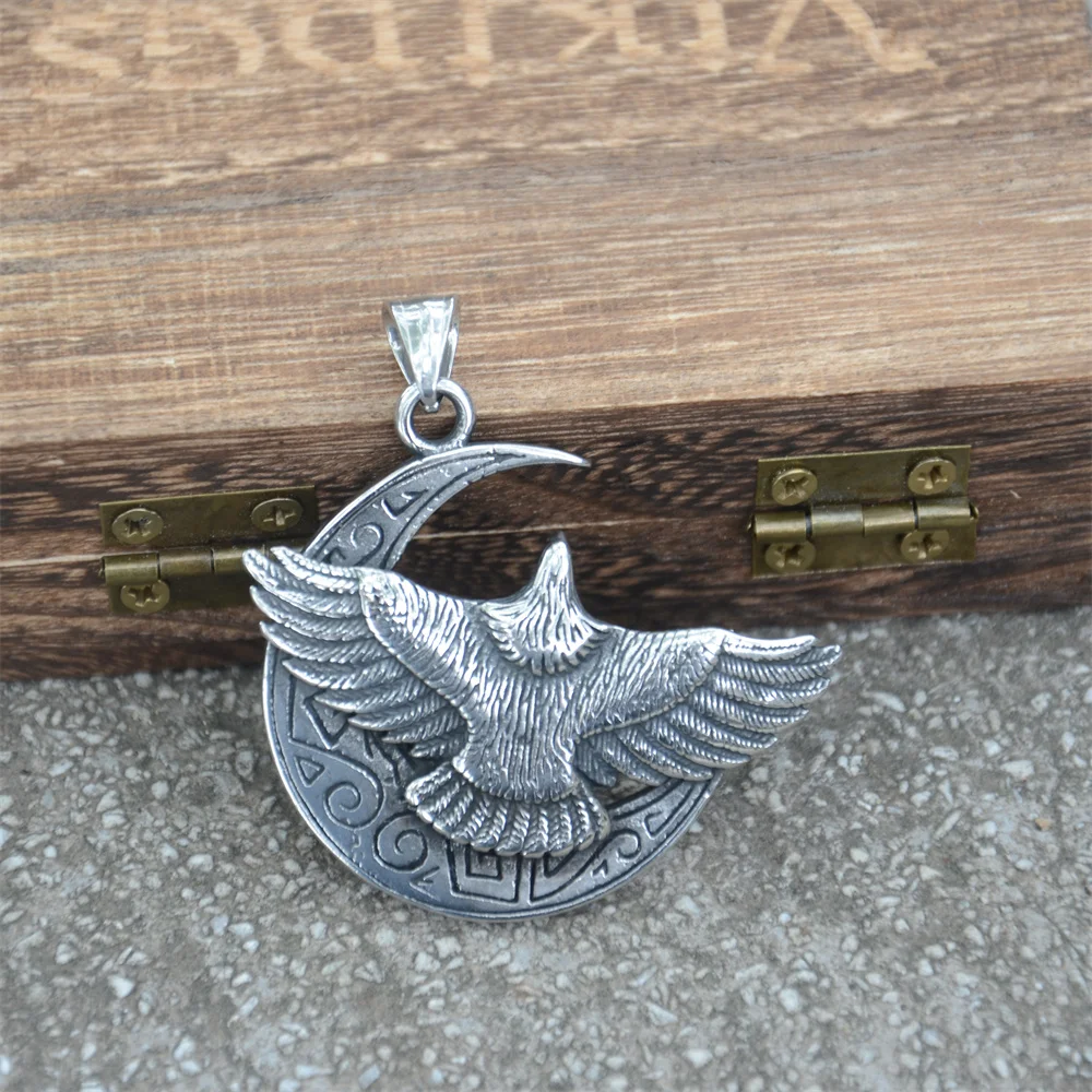 

Wicca Stainlesss Steel Crescent Moon Pendant Viking Odin Raven Amulet Men Necklace