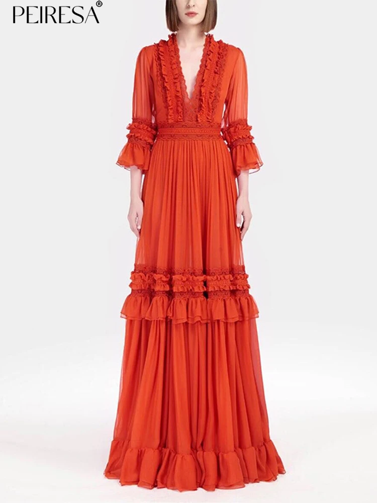 

Женское шифоновое платье макси PEIRESA, модельное дизайнерское платье с V-образным вырезом, кружевные длинные платья с оборками и рукавом три четверти для банкета