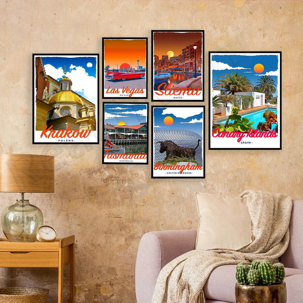 

Perth Australia, Tasmania, Birmingham Bullring UK, Spain, Las Vegas, Canada, Sliema Malta, Krakow Poland, Hawaii travel poster