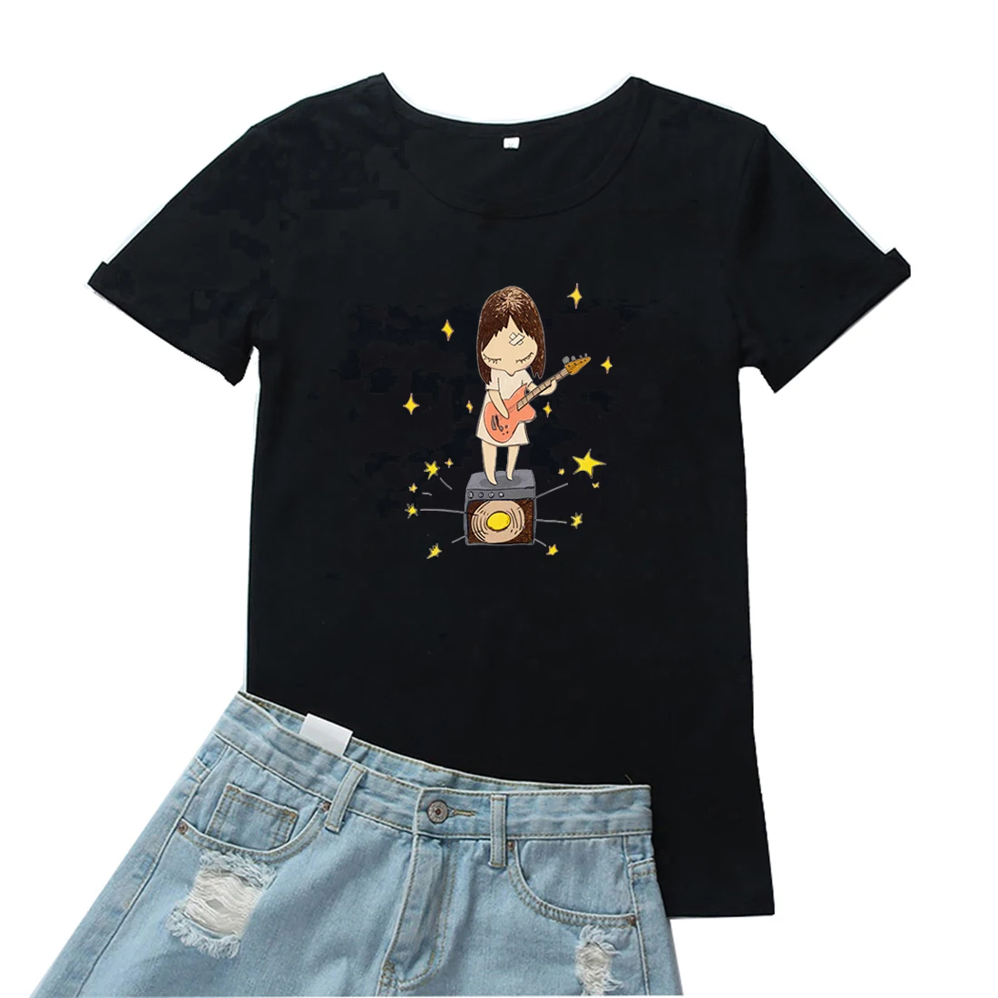 

Женская футболка с изображением девушки, играющей на гитаре, женская футболка с милым мультяшным рисунком, Забавный аниме принт, женские футболки с коротким рукавом, одежда
