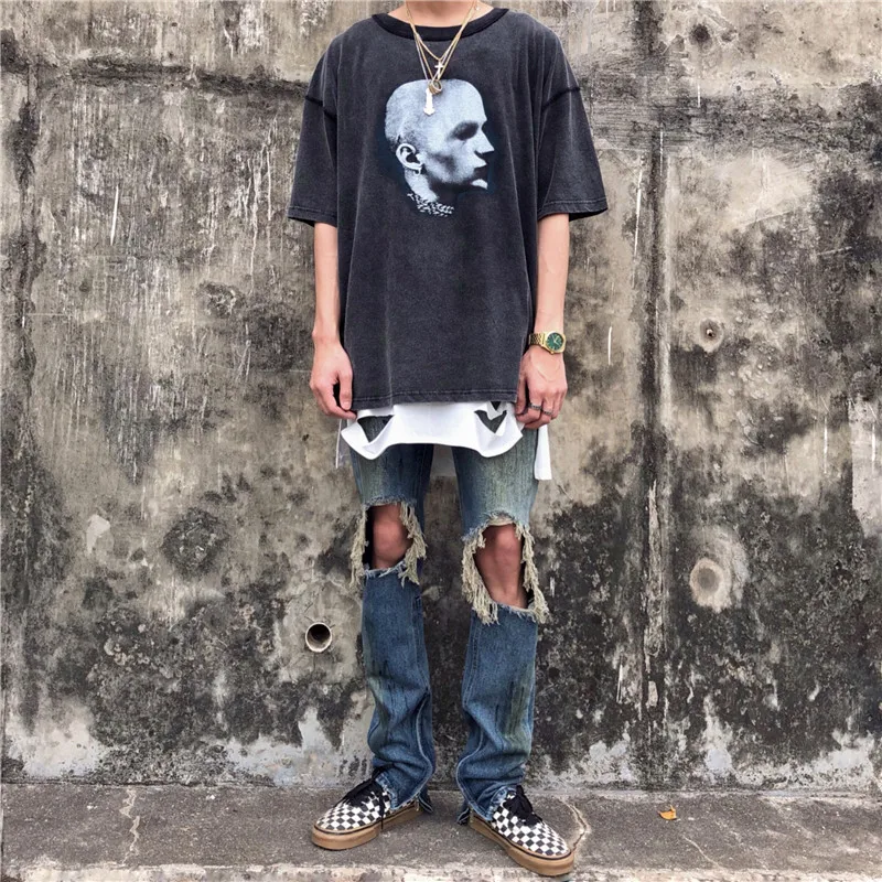 American Wash Slim Cut Jeans High Street Kanye Same Old Splash Yellow Knee Hole Slim Fit Pants Leg Zipper Jeans Men