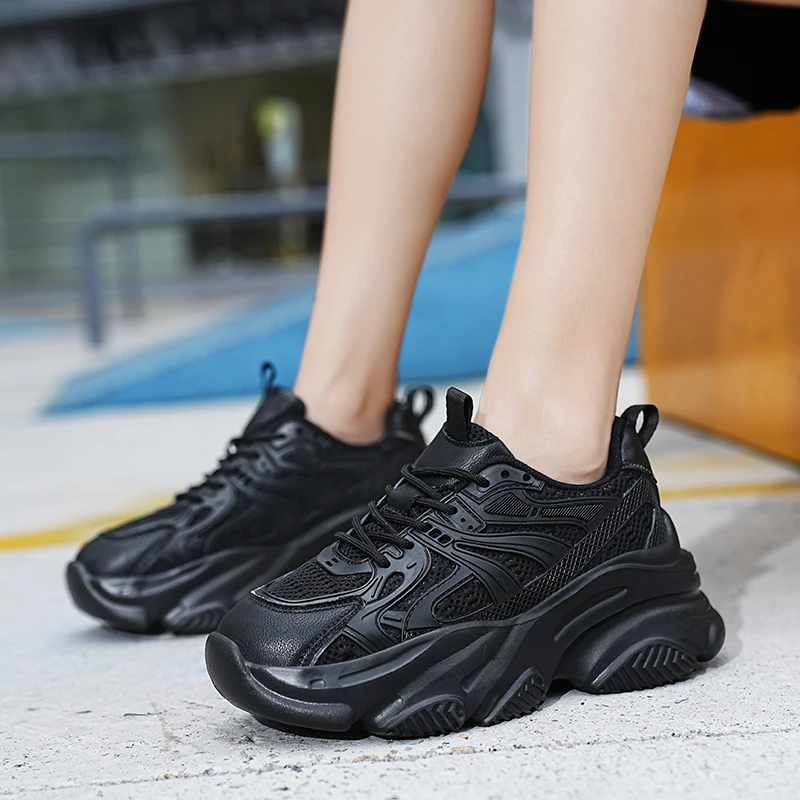 2023 New Black Flat Platform Sneakers Women Breathable Chunky Sports Shoes For Woman Thick Sole Casual Shoes Luxury Fashion