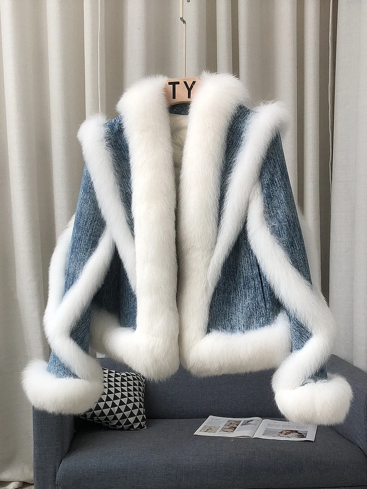 2024 новый натуральный мех винтажная джинсовая лоскутная короткая куртка из