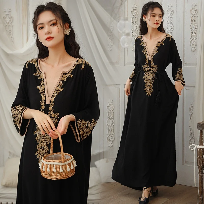 Хлопковое богемное платье с вышивкой длинное глубоким v-образным вырезом кафтан