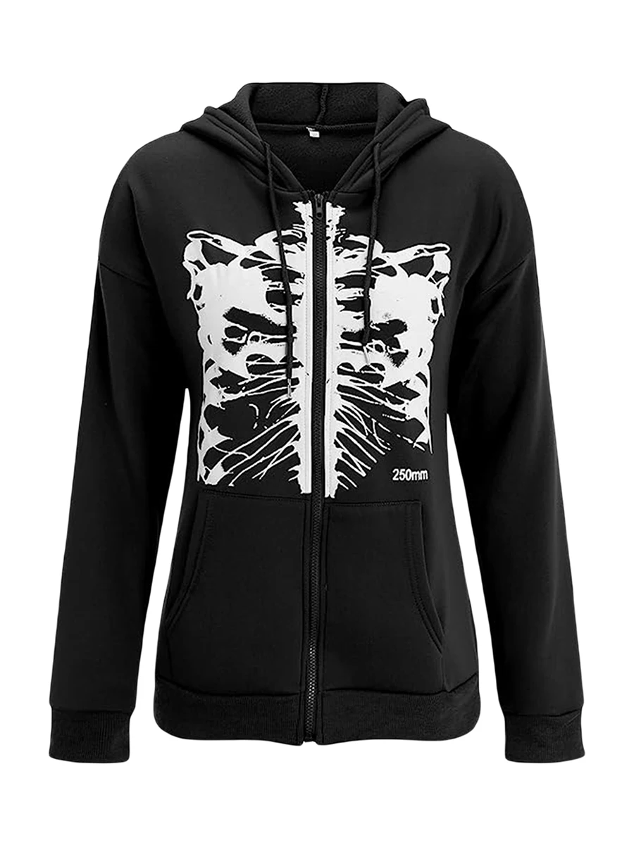 

Women s Halloween Casual Hooded Coat Long Sleeve Skeleton Print Loose Zip Up Hoodies