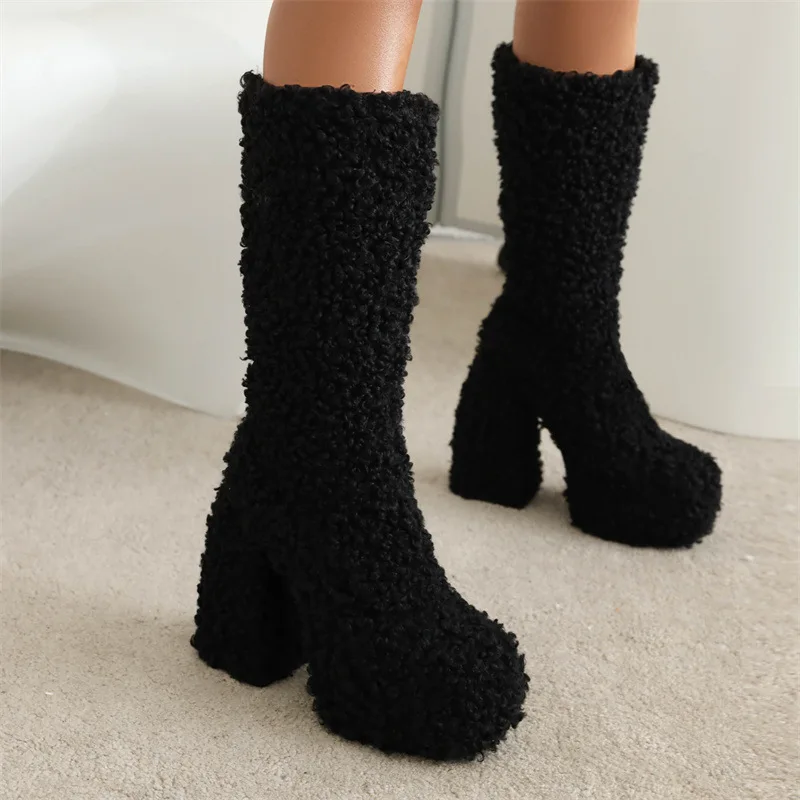 Women Boots 2022 New Luxury Winter Platform High Heels Women Shoes Designer  40 41 Party Punk Hairiness Lady Middle Calf Boots