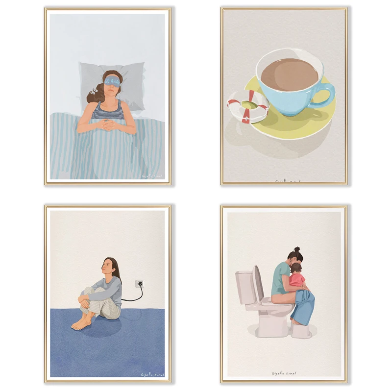 

Funny Nordic Posters Coffee Recharge Sleep Girl Abstract Wall Art Print Canvas Painting Home Decor Picture for Living Room Aisle