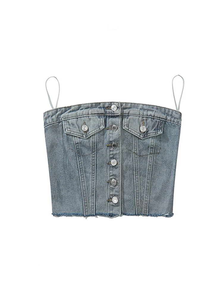 

Женский винтажный джинсовый топ, короткий однобортный Топ с лямкой на шее, уличная одежда в Корейском стиле, Gyaru Goth 2000s, на лето