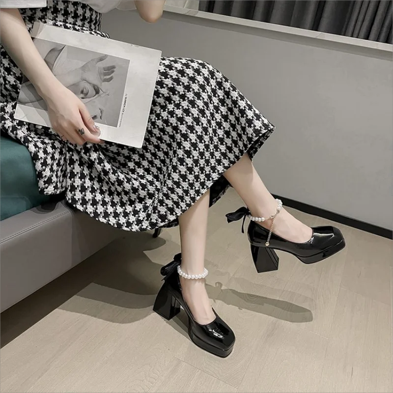 New Ladies High Heels Elegant Bow Square Toe Black High Heels Fashion Thick Heel Wedding Party Pearl Lace Wedding Shoe