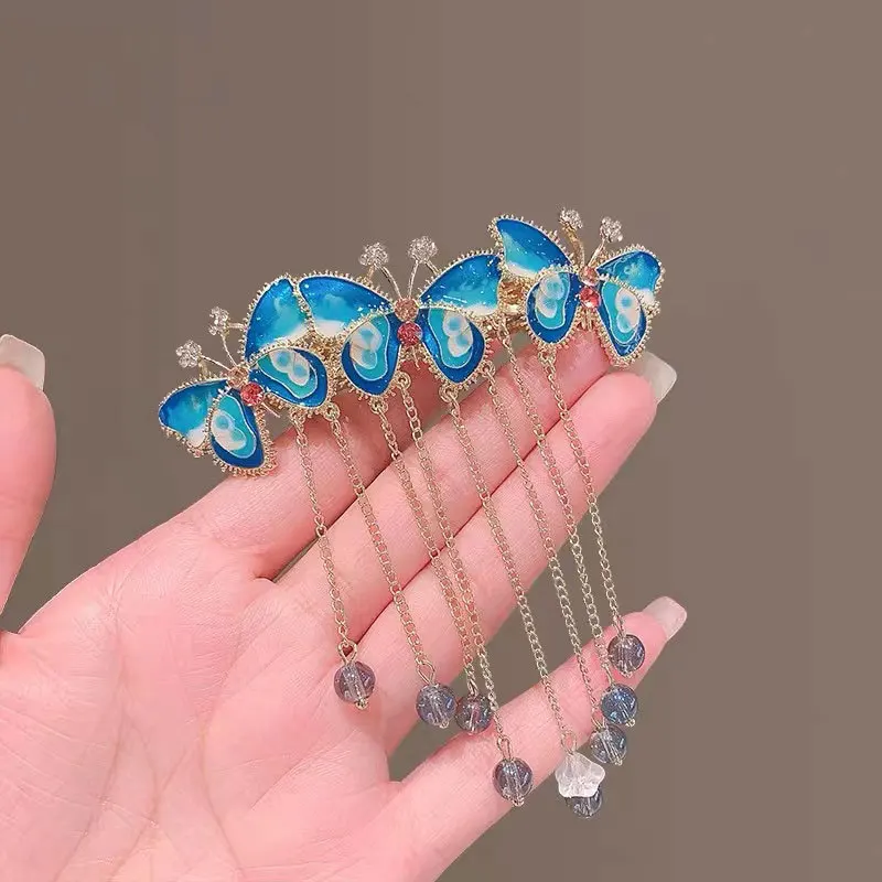 

Hair Accessories for Girls National Style Blue Butterfly Clip Chinese Clothing Hairpin Half A Hairpin on The Back of The Head