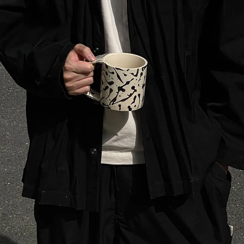 TingKe korean style retro big handle ceramic mug Nordic simple modern household ink dot wide coffee cup water