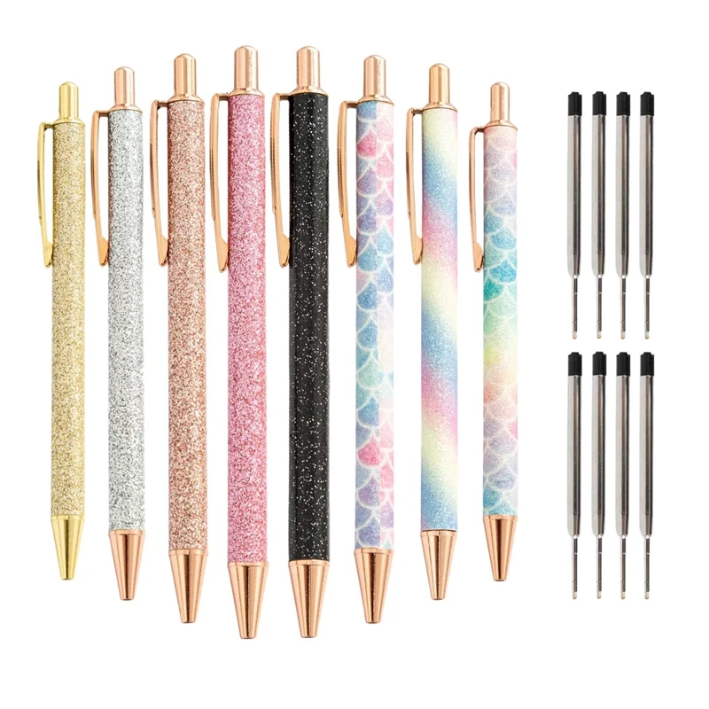 

8 шт. блестящие шариковые ручки, шариковая ручка цвета розового золота, металлическая блестящая ручка, выдвижные черные чернила, средняя точ...