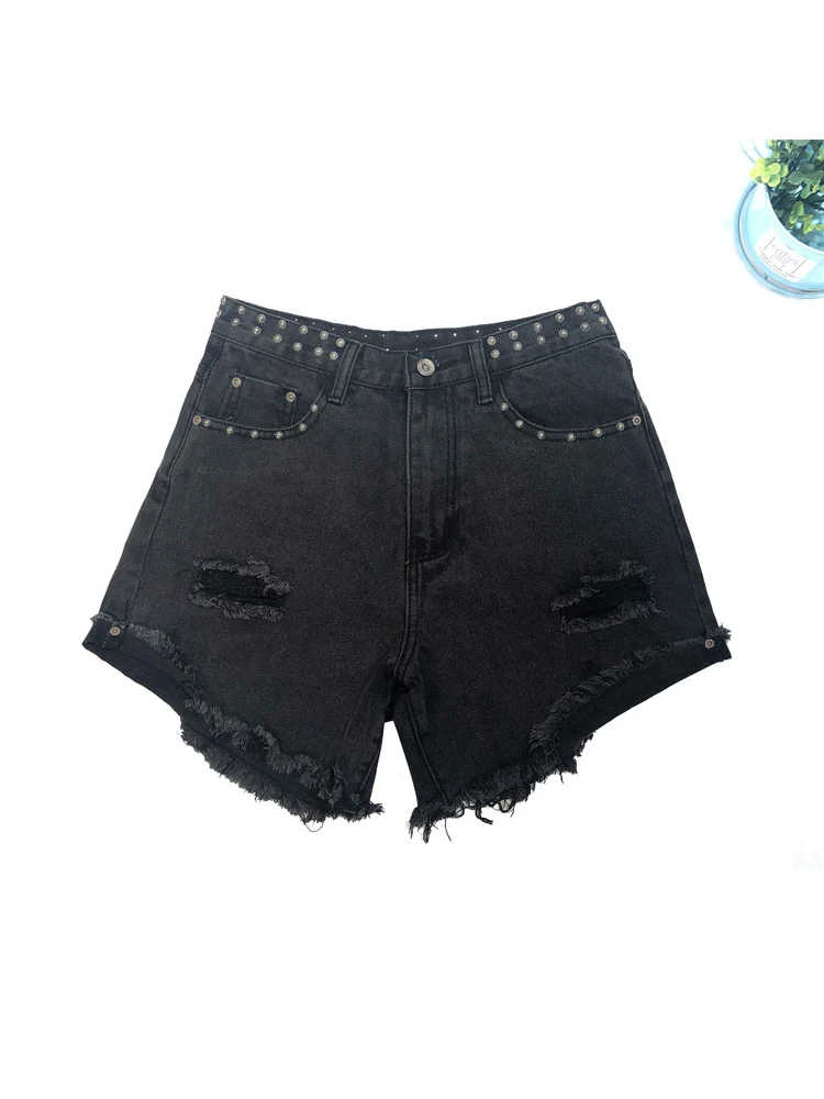 Streetwear Women High Waist Rivet Frayed Hole Denim Shorts Summer Femlae Vintage Button Loose Jeans Shorts Bottoms