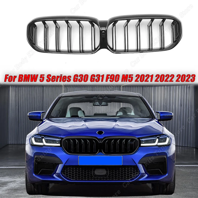 

For BMW 5 Series G30 G31 F90 M5 LCI 2021-2023+ Gloss Black Kidney Racing Dual Slats Grille ABS Plastic Front Bumper Auto Trim