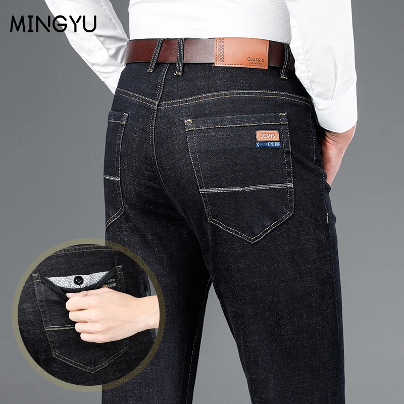

Winter Brand Fit Straight Thick Jeans Men Anti-theft Button Pocket Classic Embroidery Business Casual High Waist Denim Trousers