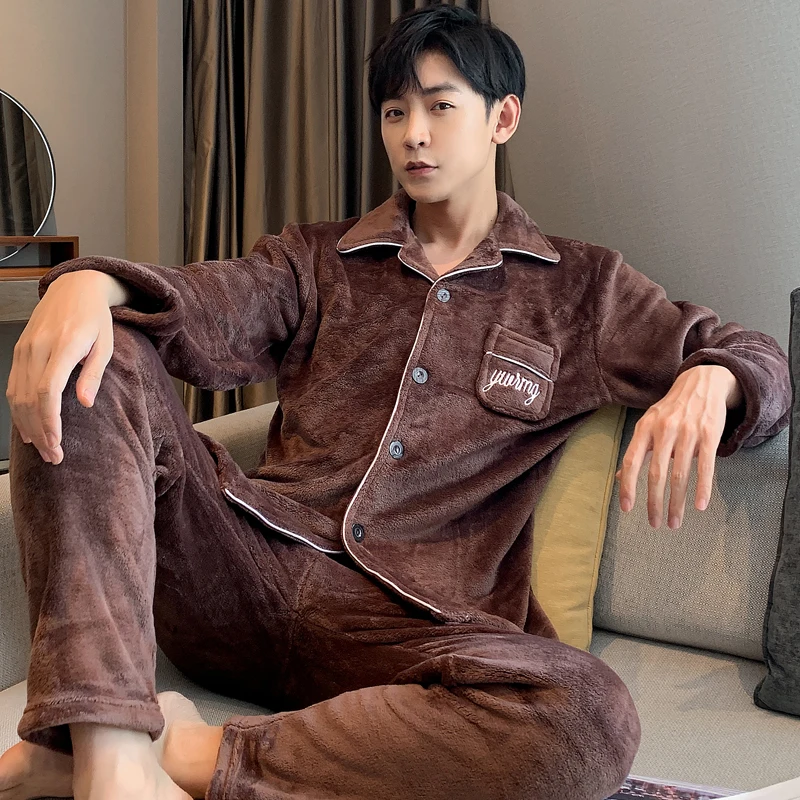 

QUHENG Winter Flannel Men's Pajamas Men's Suits Casual Simple Lapel Long Sleeve Coral Fleece 2 Pieces Large Size Homewear
