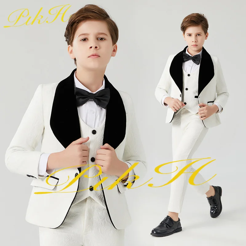 White Suit for Boys Floral Jacket Pants Vest 3 Piece Wedding Tuxedo Party Formal Kids Blazer Custom Full Outfit
