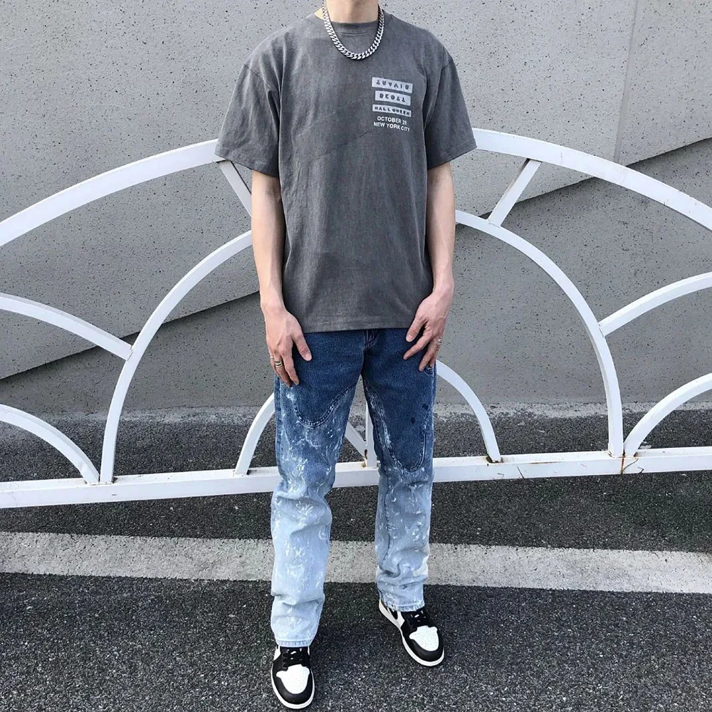 American Street Gradient Splashed Ink Graffiti Jeans Men's Tide Brand Straight Leg Loose Old Washed Retro Casual Pants Trousers