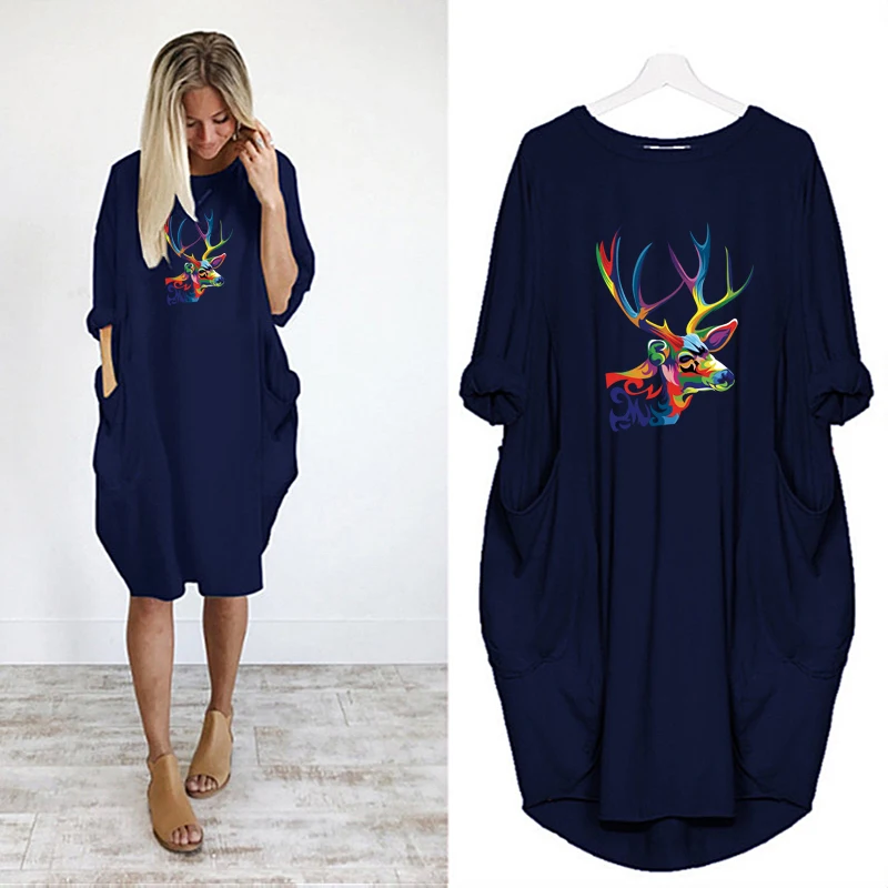 

Женское платье с мультипликационным принтом, милое повседневное женское платье с разноцветным принтом зебры и оленя, свободные осенние одн...