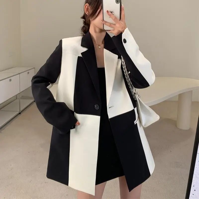 Fashion Black and White Stitching Women's Suit Jacket Women's Tops Office Lady Spring Autumn Coat Retro Designer Loose Za New