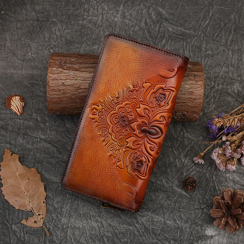 Women Wallet Retro Genuine Leather Purse Vintage Ladies Chinese Style Flowers Embossed Card Holder Female Luxury Clutch Bag Gift