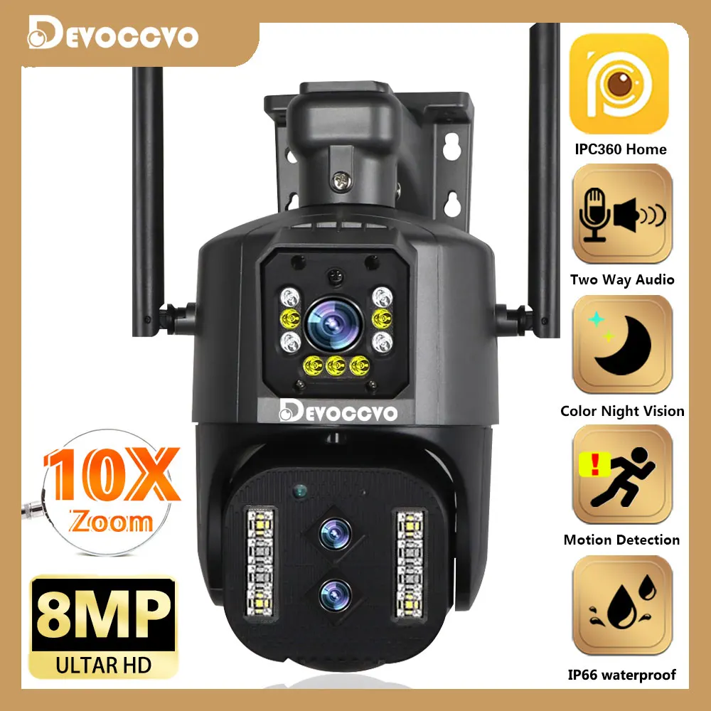 

DE VOCCVO 8MP HD IP Camera Dual Lens 10X Zoom PTZ Outdoor Wifi Camera 4MP AI Human Tracking Color Night Vision Camera WiFi 360