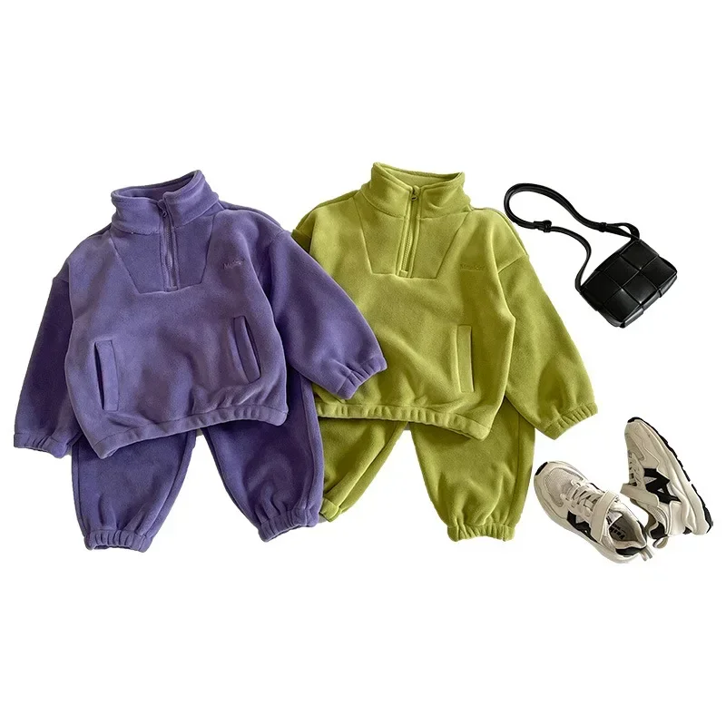 

Korean Autumn Boys' Sports Set Edition Plush Thick Insulation Solid Color Wear Two-Piece SetI Children's Clothing Baby Clothes