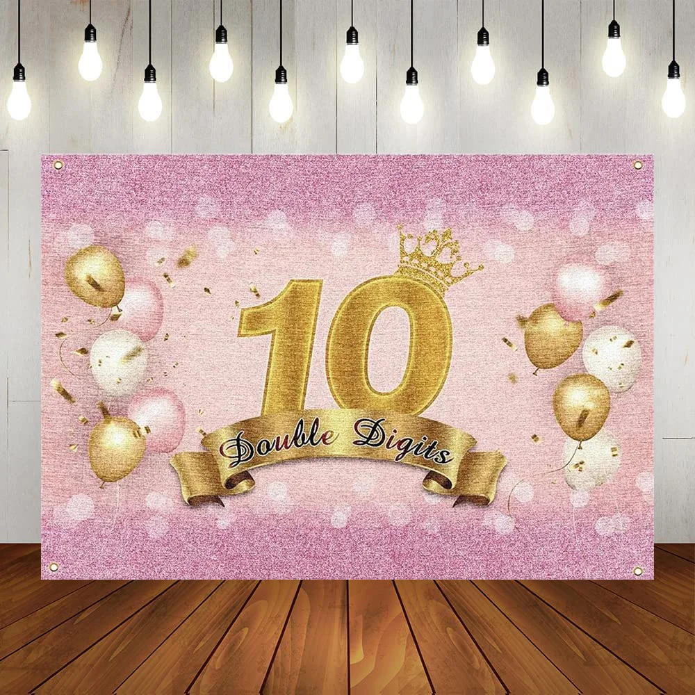 

Happy 10th Birthday Party Backdrop Decoration Pink Balloon Twinkling Photography Booth Background Ten 10 Year Old Anniversary