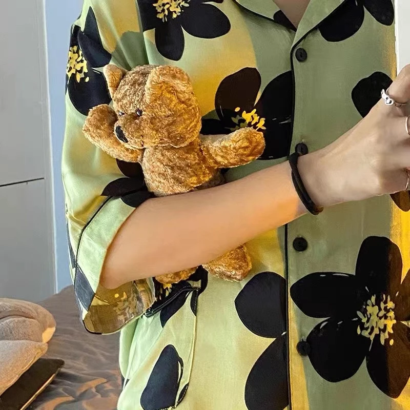 CAIYIER 2022 Fashion Flower Silk Pajamas Set Summer Girls Short Sleeve Nightwear Sexy Female Home Clothing christmas pajamas