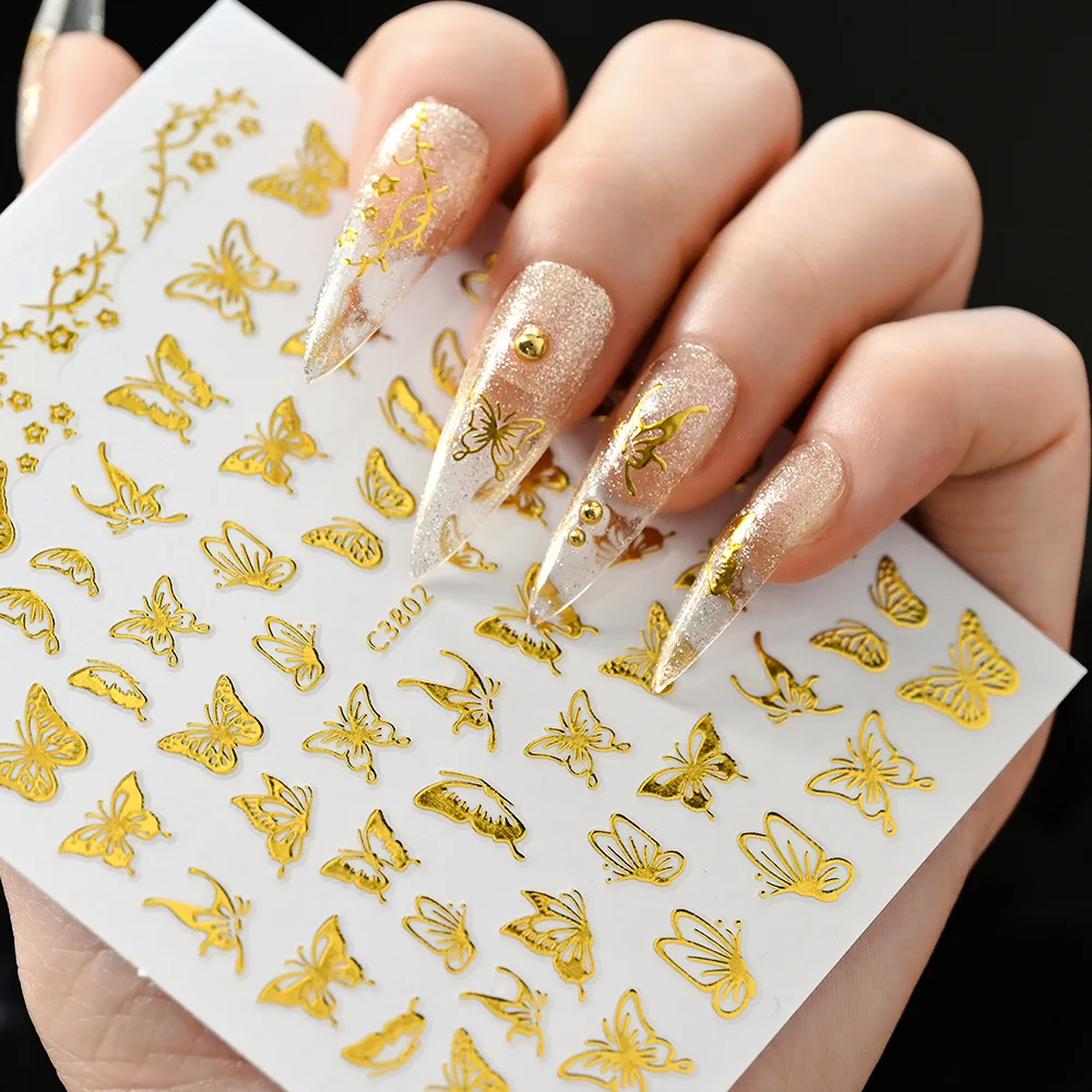 

1PC Laser Gold 3D Butterfly Nail Stickers Holographic Self-Adhesive Nail Transfer Sliders 12X7.5cm Flame Butterfly Nail Stickers