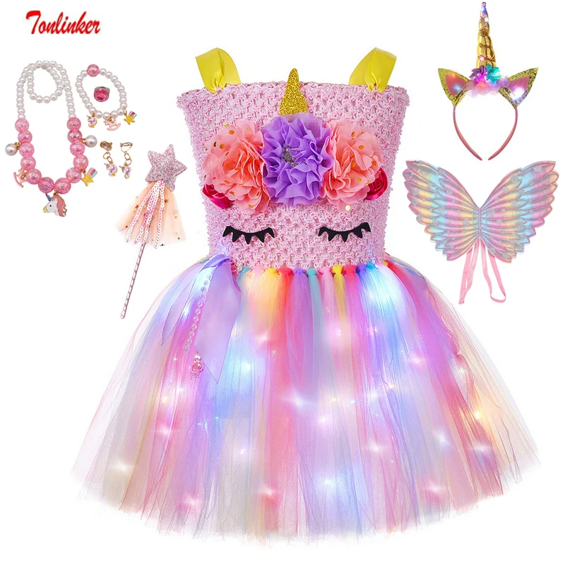 

Детский костюм единорога для девочек, праздничное платье-пачка с радужными цветами и светодиодными лампочками для вечеринки в честь Дня Ро...