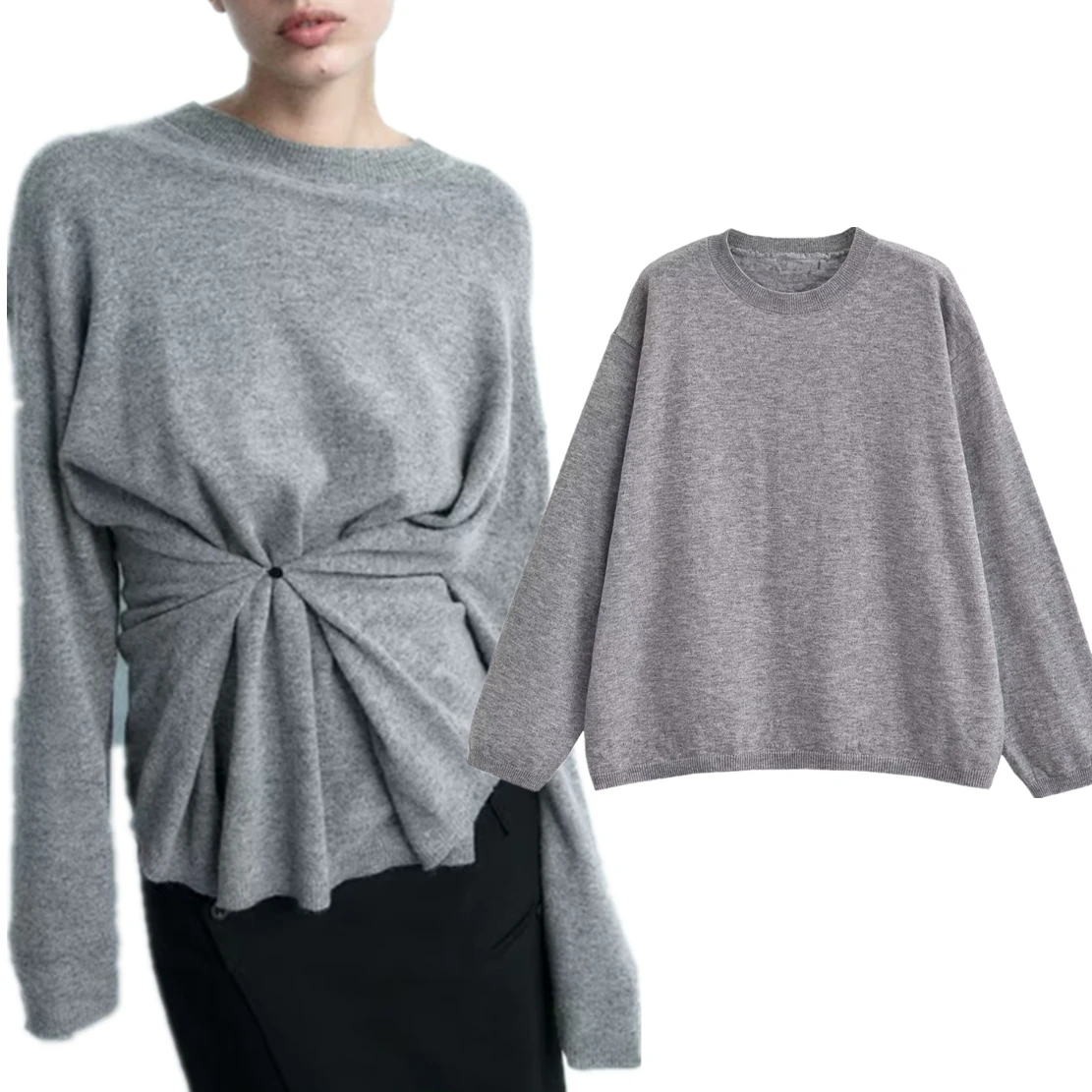 

Elmsk Autumn French Lazy Style Button Waist Round Neck Grey Knit Loose Sweater for Women