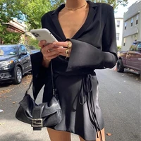 2021 womens sexy deep v long sleeved lace up waist temperament lace long sleeved dress women wrapped in mini suit vintage dress