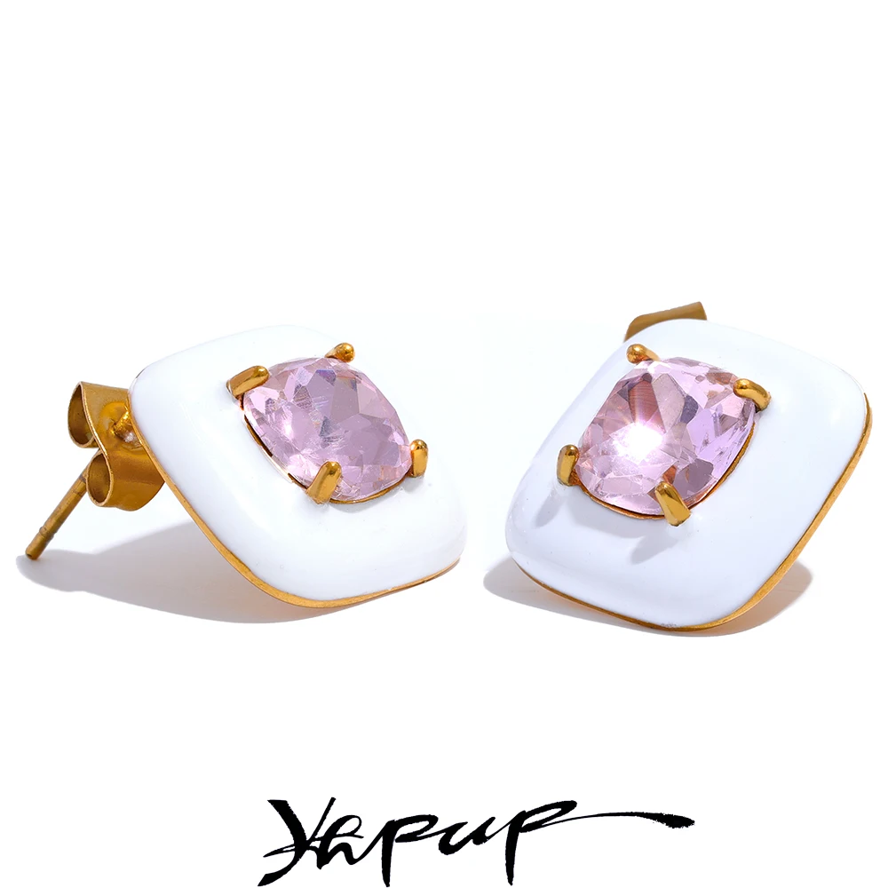 

Yhpup Colorful Enamel Cubic Zirconia 316l Stainless Steel Square Stud Earrings Fashion Charm Orange Red White Blue Jewelry 2023