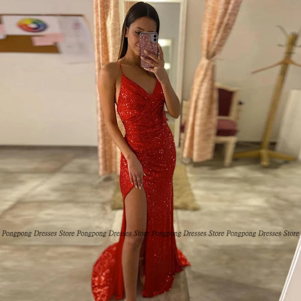 

Simple Mermaid Evening Dresses V Neck High Slit Paillette Open Back Pary Glitter Floor Length Women Dress Vestidos De Fies